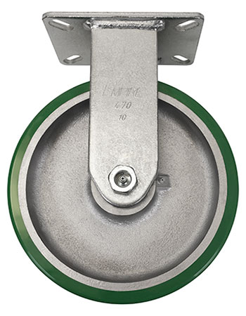 Side view of rigid caster with green and silver wheel